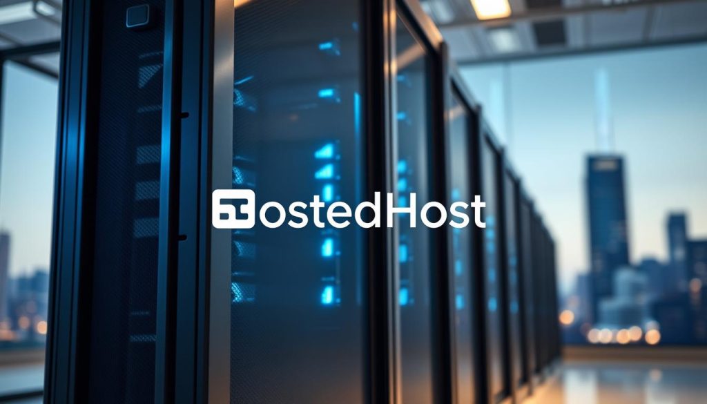 A sleek and secure server rack stands tall, its metallic frame bathed in cool, blue-tinged lighting. In the foreground, a BoostedHost logo gleams, symbolizing the robust protection of this enterprise-grade DNS-level firewall and CDN. The background fades into a softly blurred cityscape, hinting at the global reach and scale of this powerful web infrastructure. Crisp shadows and highlights accentuate the technological precision, while a sense of solidity and reliability pervades the scene, reflecting the speed and security that this solution provides.