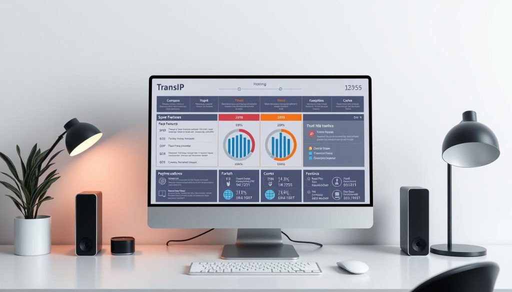 A sleek, corporate-style overview of hosting services for 2025, showcasing the key features and performance metrics of TransIP and BoostedHost. The scene depicts a minimalist, well-lit desktop setup with clean lines and a subtle color palette. On the screen, a meticulously designed infographic presents the scope, methodology, and critical factors for evaluating the hosting providers, using elegant data visualizations and clear, concise labeling. The infographic has a modern, professional aesthetic that complements the subdued yet refined atmosphere of the workspace. The overall impression is one of authority, attention to detail, and a focus on delivering valuable, insightful information to the viewer.