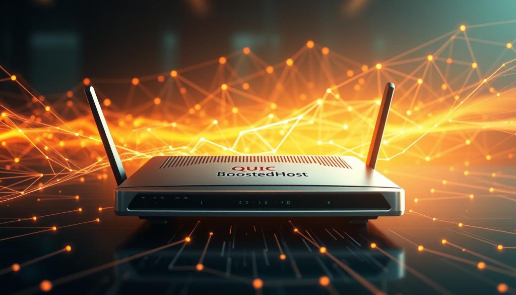 A sleek, high-performance network router displaying the BoostedHost brand logo, surrounded by a translucent visualization of QUIC congestion control algorithms. Intricate lines and geometric shapes pulsate and flow, illustrating the dynamic, adaptive nature of QUIC's data transmission. The scene is bathed in a warm, futuristic glow, conveying a sense of innovation and technological advancement. The router is positioned in the foreground, with the QUIC visualization extending into the middle and background, creating depth and emphasizing the centrality of QUIC's role in the future of mobile-first web experiences.