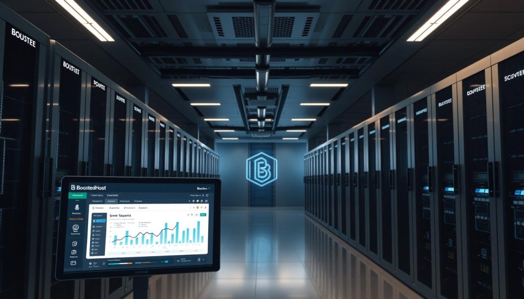 A sleek, high-performance server room with rows of BoostedHost branded racks, illuminated by soft, indirect lighting. The scene captures the efficiency and reliability of a modern web hosting infrastructure, with clean lines, subtle hues, and a sense of controlled power. In the foreground, a digital display shows a server response dashboard, illustrating the real-time performance metrics that enable lightning-fast WordPress TTFB. The middle ground features network cables, cooling systems, and other technical details, while the background showcases the server room's minimalist architecture and seamless integration of technology.