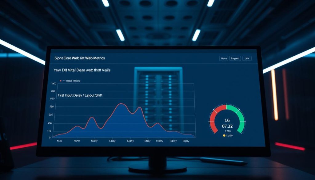 A sleek, minimalist computer interface showcasing the core web vitals metrics for a high-performance website hosted by BoostedHost. The foreground features a stylized graph and gauges displaying Largest Contentful Paint, First Input Delay, and Cumulative Layout Shift. The middle ground shows a 3D model of a server rack, conveying the technical infrastructure powering the website. The background depicts a dimly lit, high-tech environment with subtle neon accents, creating a sense of precision and efficiency. The lighting is cool-toned, with dramatic shadows highlighting the data visualizations. Captured with a wide-angle lens to provide a comprehensive, immersive view of the scene.