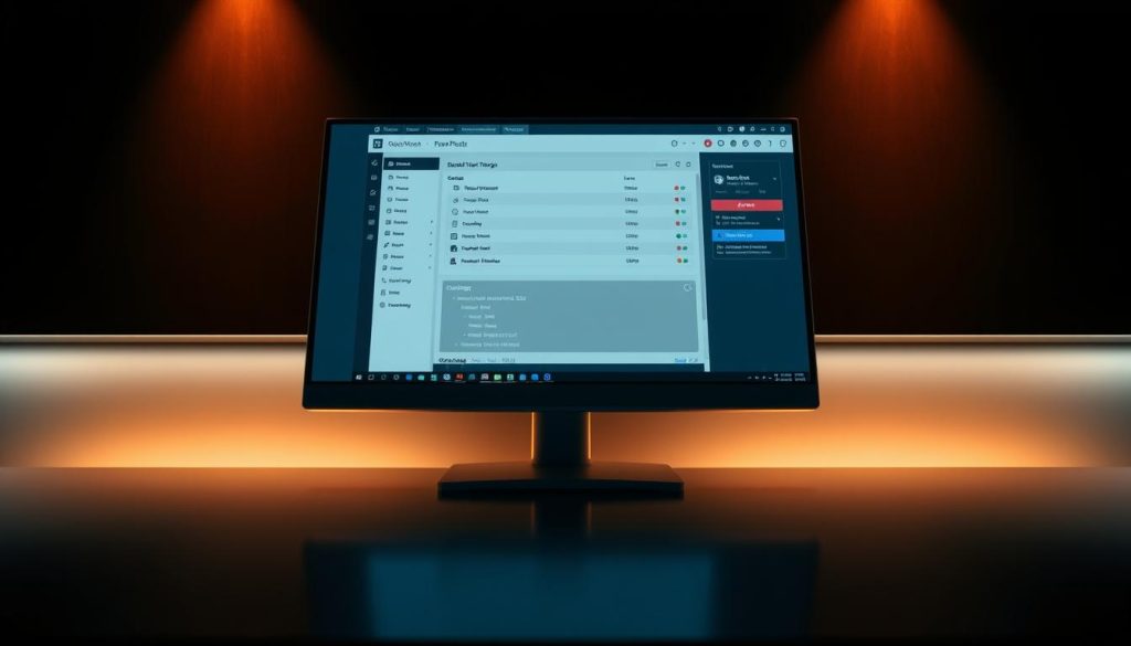 A sleek, modern BoostedHost console displayed against a dimly lit backdrop, showcasing a clean and minimalist user interface. The console's glass-like surface reflects the warm glow of the ambient lighting, creating a subtle, inviting atmosphere. The display is crisp and clear, highlighting key system information and settings. The console's angular design and brushed metal accents lend an air of professionalism and technical sophistication. The overall scene conveys a sense of control and efficiency, perfectly suited for the task of monitoring and troubleshooting mixed content SSL issues on a WordPress website.