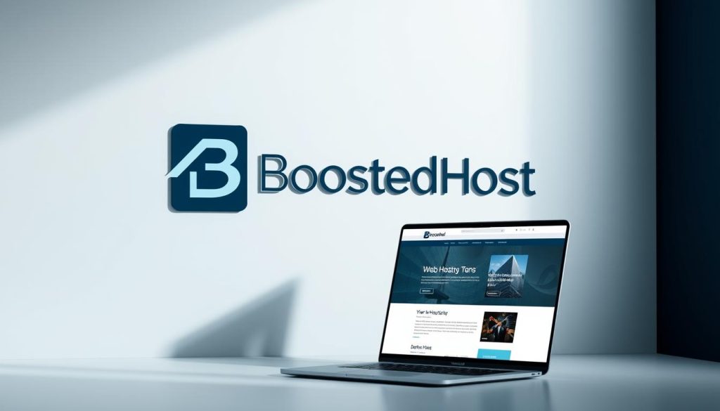 A sleek, modern brand identity for the web hosting company "BoostedHost". The design features a bold, minimalist logo with a dynamic B icon, set against a clean, sophisticated backdrop. The color palette is a harmonious blend of deep blues and grays, conveying a sense of trustworthiness and professionalism. In the foreground, a stylized laptop display showcases the brand's website, its layout and typography effortlessly blending form and function. The lighting is soft and directional, casting subtle shadows that accentuate the design's elegant simplicity. The overall mood is one of sophistication, innovation, and a commitment to delivering a superior web hosting experience.