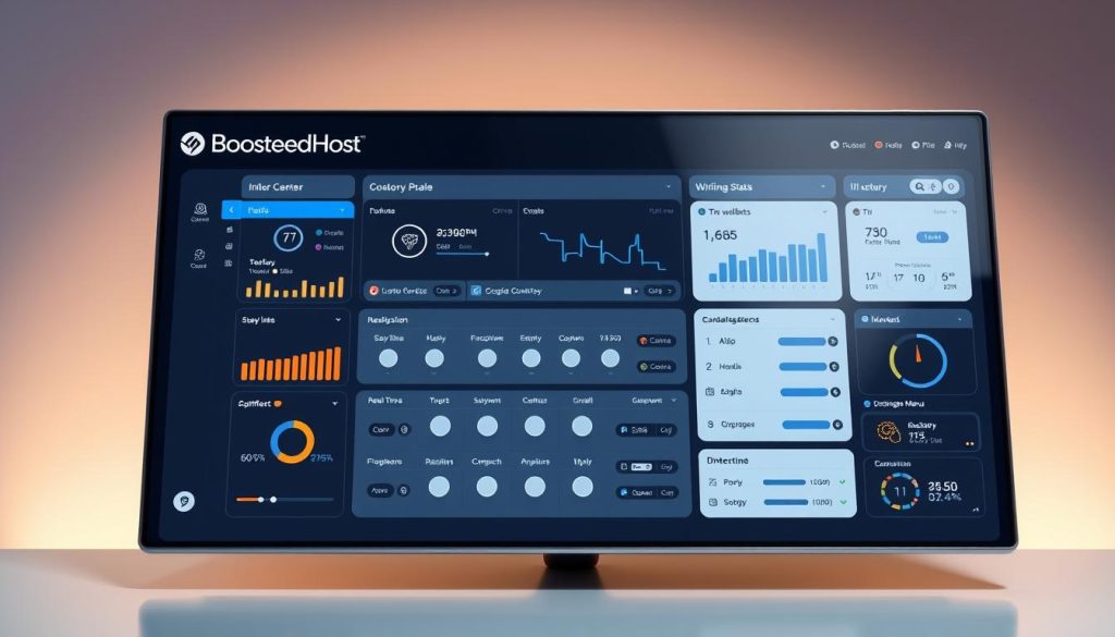 A sleek, modern control panel interface with a clean, intuitive layout. The display features a BoostedHost logo in the top-left corner, indicating this is a branded administrative dashboard. The foreground showcases a grid of customizable widgets, each displaying real-time metrics and stats. The middle ground features a central dashboard with a series of toggle switches, dropdown menus, and input fields for managing various hosting services. The background has a subtle gradient effect, creating a sense of depth and professionalism. The lighting is soft and even, with a hint of ambient glow to accentuate the digital aesthetic. The camera angle is positioned slightly above the panel, offering a comprehensive view of the control center's capabilities.