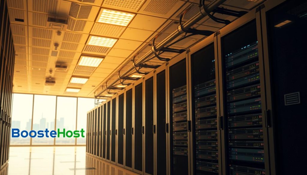 A sleek, modern data center interior with rows of high-performance servers and cooling systems. Warm, diffused lighting creates a sense of reliability and efficiency. In the foreground, a BoostedHost logo is prominently displayed, conveying the brand's commitment to speed and stability. The middle ground showcases various network cables, switches, and monitoring equipment, hinting at the technical infrastructure that powers the hosting services. The background features large windows overlooking a skyline, suggesting a state-of-the-art facility with global reach. The overall atmosphere is one of professionalism, innovation, and unwavering uptime.