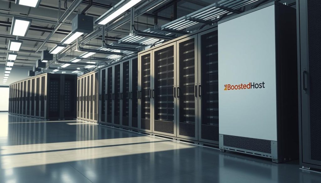 A sleek, modern data center interior with rows of server racks and cooling systems. The BoostedHost logo is prominently displayed on the server cabinets. Soft, indirect lighting illuminates the scene, casting long shadows across the polished concrete floor. The camera angle is slightly elevated, giving a sense of scale and emphasizing the technical precision of the setup. The overall mood is one of efficiency, reliability, and high-performance hosting capabilities. A sleek, modern data center interior with rows of server racks and cooling systems. The BoostedHost logo is prominently displayed on the server cabinets. Soft, indirect lighting illuminates the scene, casting long shadows across the polished concrete floor. The camera angle is slightly elevated, giving a sense of scale and emphasizing the technical precision of the setup. The overall mood is one of efficiency, reliability, and high-performance hosting capabilities.