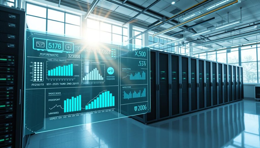 A sleek, modern data center showcasing the cutting-edge infrastructure of BoostedHost. Sunlight streams in through large windows, illuminating rows of server racks and cooling units. In the foreground, a holographic interface displays real-time performance metrics, network traffic, and server health. The atmosphere conveys a sense of efficiency, transparency, and technological sophistication. The scene is captured with a wide-angle lens, emphasizing the scale and precision of the BoostedHost facility. Subtle blue and green accents complement the muted tones, creating a calm, professional ambiance.