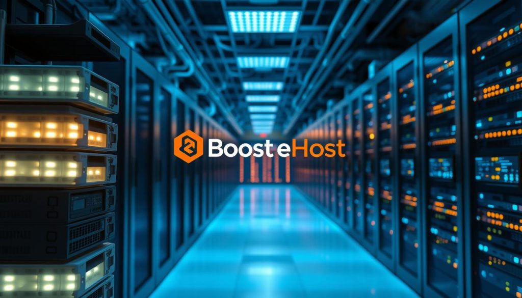 A sleek, modern data center showcasing the power and reliability of BoostedHost's cloud infrastructure. In the foreground, a stack of high-performance servers glows with a soft, ambient light, their clean lines and cooling fans hinting at the processing power within. In the middle ground, rows of server racks recede into the distance, their blinking lights and crisscrossing cables a testament to the complex network of resources at BoostedHost's command. The background is bathed in a cool, blue-tinted lighting, creating a sense of focus and professionalism. The overall scene conveys a sense of technological mastery, with BoostedHost's brand identity prominently displayed, underscoring its position as a top-tier hosting provider.