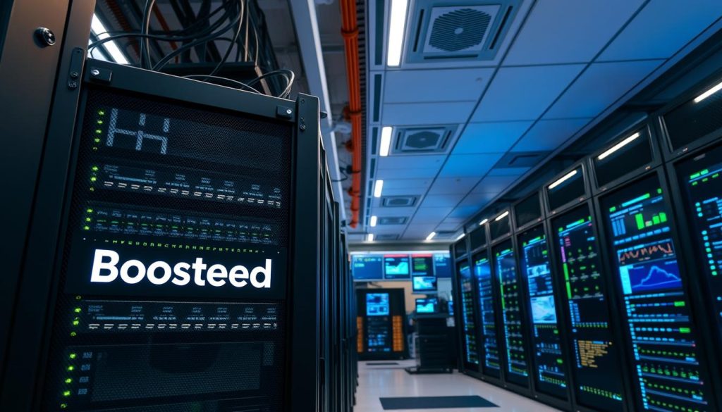 A sleek, modern data center with rows of high-performance servers, cables, and blinking lights. The space is brightly lit with soft, diffused lighting, creating a clean, professional atmosphere. In the foreground, a server rack prominently displays the "BoostedHost" logo, emphasizing the power and reliability of the hosting service. The mid-ground showcases various monitoring screens and dashboards, providing a glimpse into the real-time performance metrics and analytics. The background features a panoramic view of the facility, with a sense of scale and attention to detail in the architecture and infrastructure. The overall scene conveys a sense of technological prowess, efficiency, and the uncompromising commitment to speed and uptime.