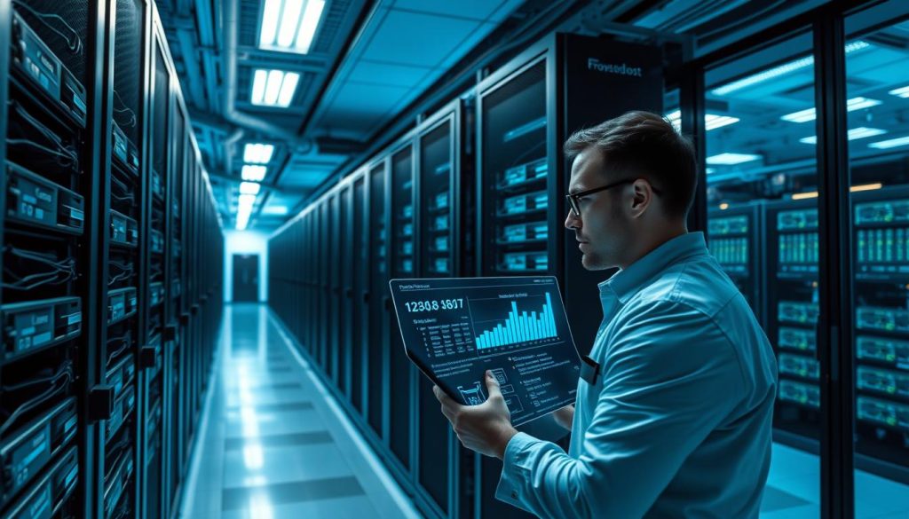 A sleek, modern data center with rows of secured server racks, each hosting BoostedHost's web infrastructure. The lighting is a cool, bluish hue, casting long shadows and highlighting the complexity of the cabling and cooling systems. In the foreground, a database administrator examines detailed performance metrics on a holographic display, optimizing queries and indexes to boost the store's efficiency. The background showcases the scale of the operation, with multiple data centers visible through large windows, all working in harmony to power the high-traffic WooCommerce store.