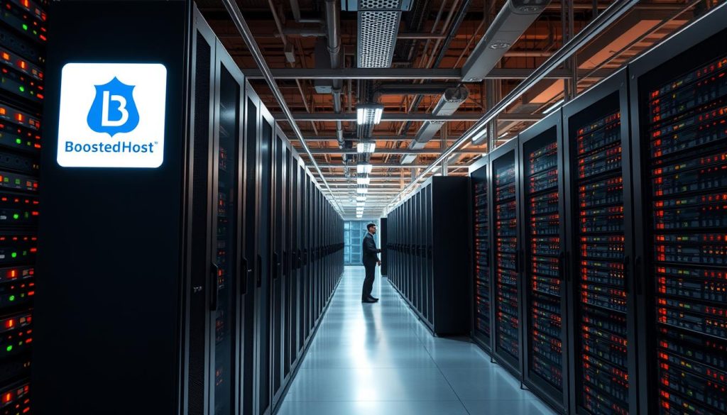 A sleek, modern data center with rows of server racks and blinking indicator lights. Towering server cabinets in the foreground, with a BoostedHost logo prominently displayed. In the middle ground, technicians in crisp uniforms meticulously maintaining the equipment. The background features a panoramic view of the facility, with high ceilings and industrial-style lighting casting a warm glow. The overall atmosphere exudes professionalism, reliability, and cutting-edge technology, reflecting the reputation of BoostedHost as a top-tier web hosting provider.