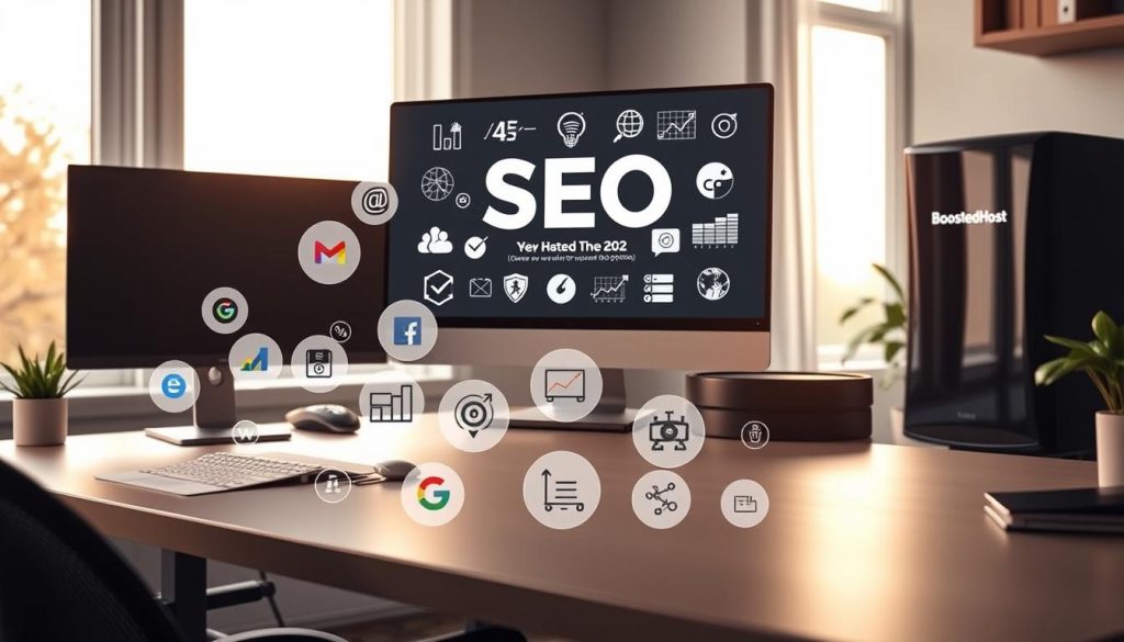 A sleek, modern home office workspace with a large desk, a high-end desktop computer, and a BoostedHost branded monitor. Soft, natural lighting filters in through large windows, casting a warm glow on the space. In the foreground, various SEO-related icons and illustrations are displayed on the computer screen, including search engine logos, analytics graphs, and content optimization tools. The overall scene conveys a sense of professionalism, productivity, and a focus on leveraging AI-powered technology for effective website optimization and search engine visibility.