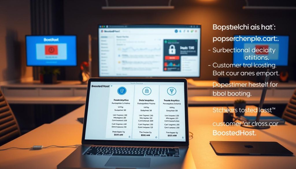 A sleek, modern office desk displaying various pricing plans and security features for BoostedHost, a web hosting service. In the foreground, a laptop showcases different subscription tiers with detailed breakdowns of features and costs. The middle ground features a tablet displaying security icons and data encryption symbols, highlighting the platform's robust security measures. In the background, a large monitor shows a dashboard with real-time analytics and customer support options. The lighting is warm and professional, with soft shadows accentuating the details. The overall atmosphere conveys a sense of trust, reliability, and attention to the customer's total cost of ownership.