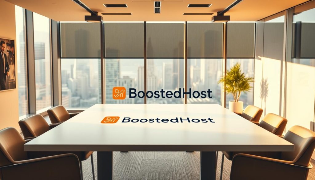 A sleek, modern office interior with a large table in the foreground, showcasing a BoostedHost logo prominently displayed. The table is surrounded by comfortable chairs, creating an inviting and professional atmosphere. The room is bathed in warm, natural lighting, with large windows offering a view of a bustling city skyline in the background. The walls feature minimalist decor, emphasizing the focus on the central table and BoostedHost branding. The overall scene conveys a sense of productivity, collaboration, and a forward-thinking tech company presence. A sleek, modern office interior with a large table in the foreground, showcasing a BoostedHost logo prominently displayed. The table is surrounded by comfortable chairs, creating an inviting and professional atmosphere. The room is bathed in warm, natural lighting, with large windows offering a view of a bustling city skyline in the background. The walls feature minimalist decor, emphasizing the focus on the central table and BoostedHost branding. The overall scene conveys a sense of productivity, collaboration, and a forward-thinking tech company presence.