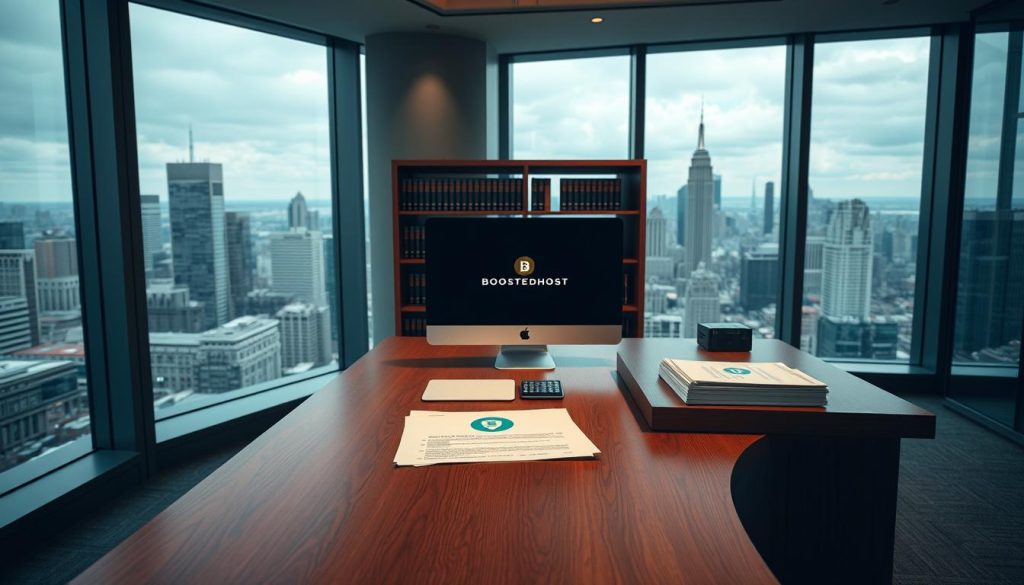 A sleek, modern office interior with floor-to-ceiling windows overlooking a bustling city skyline. In the foreground, a large, wooden desk with a BoostedHost logo prominently displayed. On the desk, a high-end desktop computer, a stack of legal documents, and a security token device. The lighting is soft and diffused, creating a professional and authoritative atmosphere. In the middle ground, a bookshelf filled with legal and compliance-related volumes. The background features a city panorama, conveying a sense of scale, security, and the importance of data protection for U.S. businesses.