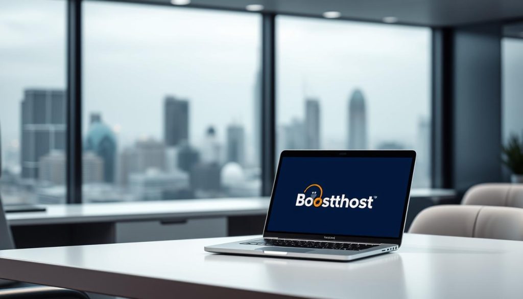 A sleek, modern office setting with a desk showcasing a laptop displaying the BoostedHost logo. The desk is neatly organized, with a clean, minimalist aesthetic. Soft, directional lighting illuminates the scene, creating a professional and welcoming atmosphere. The background features a blurred city skyline, hinting at the global reach and reliability of the WordPress hosting service. The image conveys a sense of efficiency, attention to detail, and technological sophistication, reflecting the high-quality hosting solutions offered by BoostedHost.