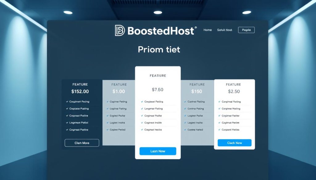 A sleek, modern pricing website interface featuring the BoostedHost brand. In the foreground, a clean, minimalist design with clear pricing tiers and feature comparisons. The middle ground showcases intuitive navigation menus and call-to-action buttons. In the background, a subtle pattern or texture adds depth and sophistication. The lighting is soft and evenly distributed, creating a professional, trustworthy atmosphere. The composition uses a slightly elevated camera angle to convey a sense of authority and expertise. The overall mood is one of transparency, value, and reliability.