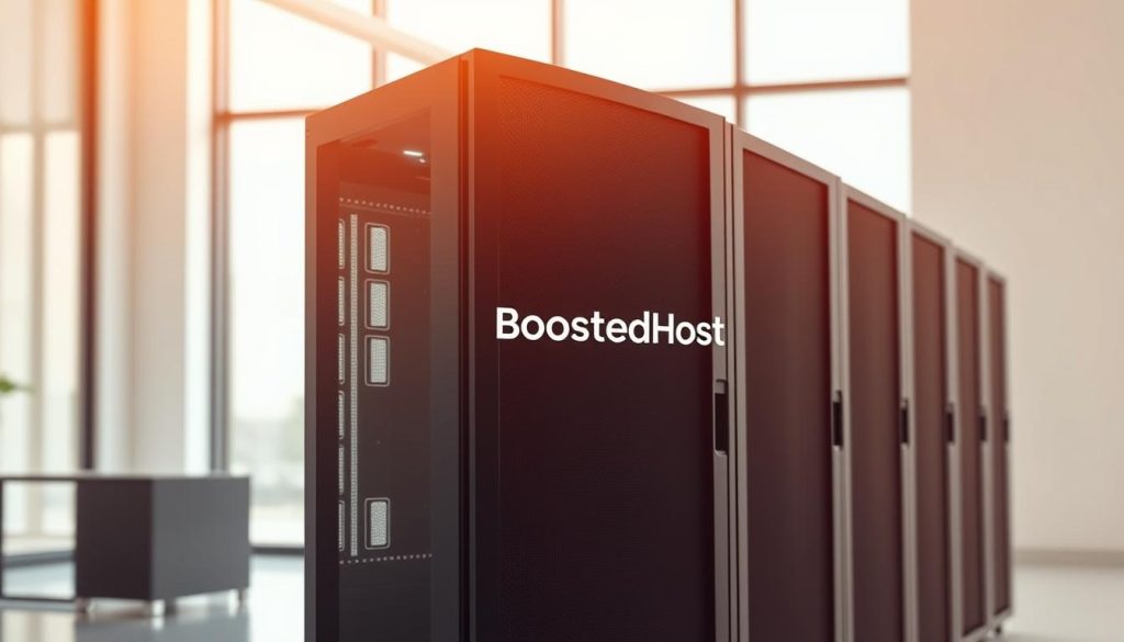 A sleek, modern server rack dominates the foreground, emblazoned with the "BoostedHost" logo. Diffused lighting casts a warm glow, highlighting the server's efficient cooling systems and sturdy construction. In the middle ground, network cables snake through the rack, symbolizing the high-speed connectivity. The background depicts a minimalist office space, with large windows allowing natural light to flood the room, creating a professional and productive atmosphere. The overall composition conveys a sense of reliable performance, unwavering support, and exceptional value - the key factors that will determine the hosting provider of choice in 2025.