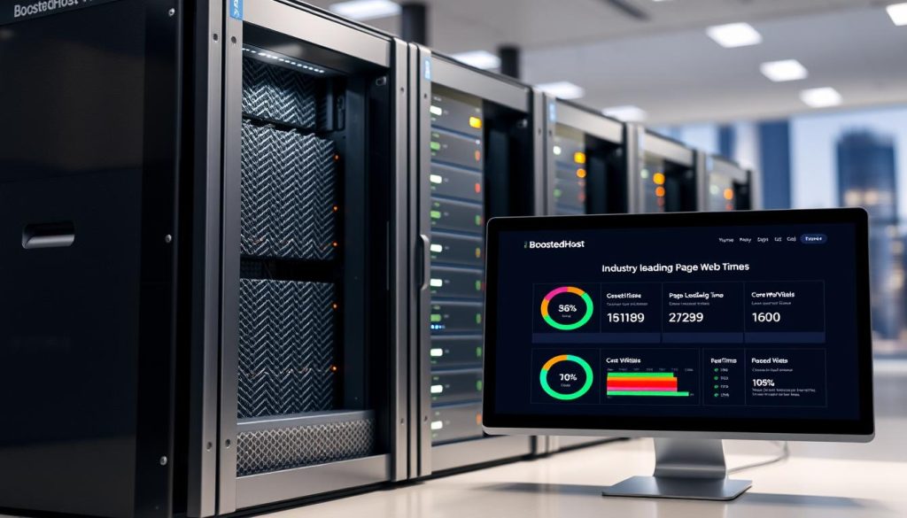 A sleek, modern server rack showcasing the latest hosting technology from BoostedHost. Bright studio lighting illuminates the smooth metal enclosure, accentuating the intricate cooling vents and high-performance components within. The server's LED indicators pulse rhythmically, conveying a sense of speed and efficiency. In the foreground, a desktop computer monitor displays real-time metrics demonstrating BoostedHost's industry-leading page load times and Core Web Vitals scores. The background features a blurred cityscape, hinting at the global scale and reliable infrastructure powering this exceptional hosting service.