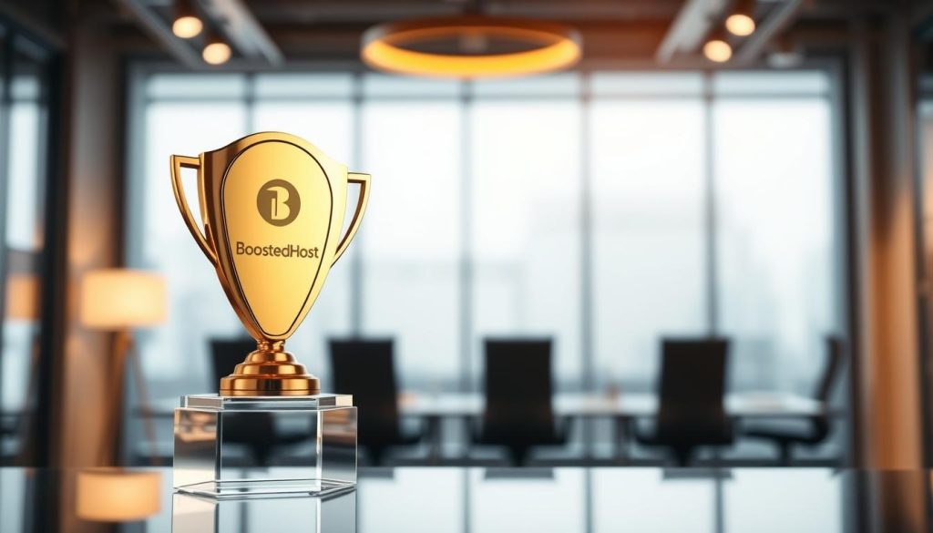 A sleek, modern trophy on a glass pedestal, reflecting the light from an elegant overhead spotlight. The trophy has a gleaming gold finish, with the BoostedHost logo prominently displayed. The background is a soft, blurred backdrop of a high-end corporate office, hinting at the professional and prestigious nature of the award. The lighting is warm and inviting, creating a sense of prestige and achievement. The overall composition is balanced and visually striking, capturing the essence of a well-deserved hosting performance winner.