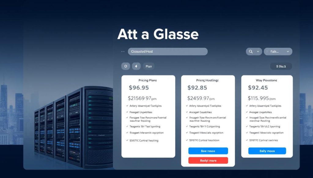 A sleek, modern web hosting dashboard showcasing the pricing plans of BoostedHost, a leading provider in the industry. The dashboard is rendered in a muted color palette with subtle gradients, creating a clean and professional aesthetic. The foreground features prominent plan cards with detailed pricing information, server specifications, and feature highlights. The middle ground showcases server racks and network equipment, conveying the robust infrastructure behind the hosting plans. The background depicts a cityscape skyline, hinting at the global reach and reliability of the service. The overall composition strikes a balance between informative and visually appealing, reflecting the "At a Glance" nature of the section.