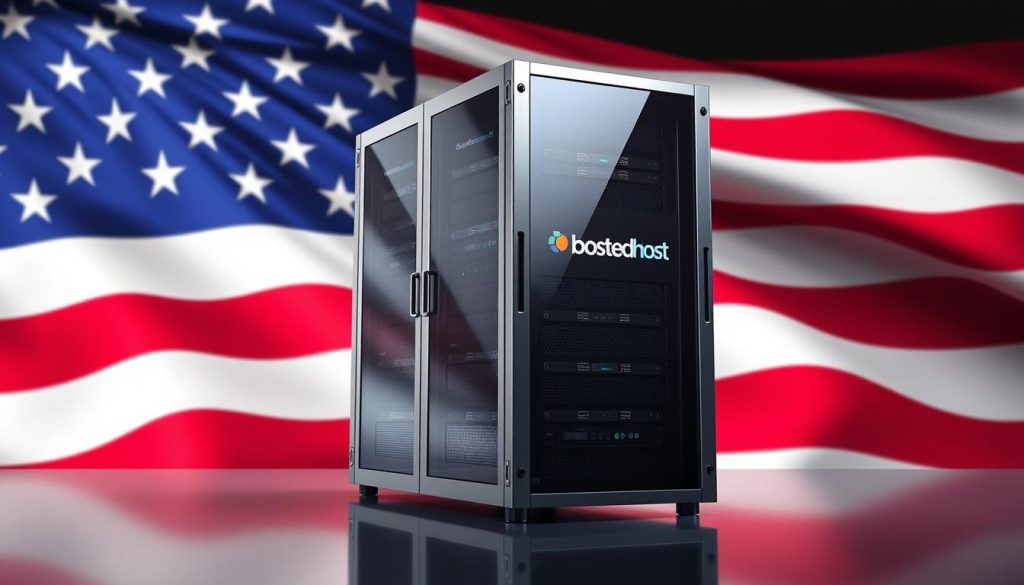 A sleek, modern web hosting server rack set against a backdrop of the iconic American flag. The rack features the prominent BoostedHost branding, conveying a sense of power and reliability for US-based users. Soft, directional lighting highlights the metal and glass surfaces, creating a sense of depth and sophistication. The overall atmosphere is one of technological prowess and patriotic pride, perfectly suited to showcase the best US hosting options for 2025.