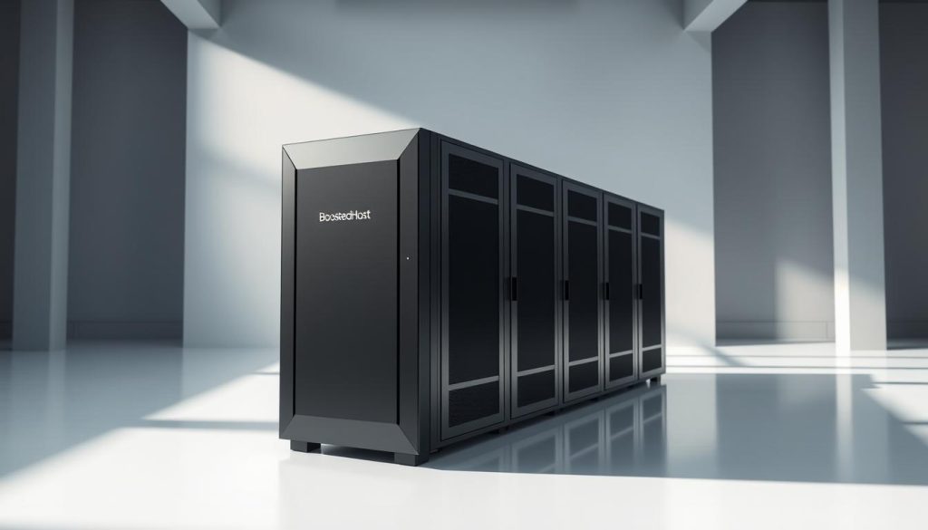A sleek, modern web server rack showcasing the BoostedHost brand, captured in a well-lit, architectural studio setting. The server enclosures feature a streamlined, minimalist design with subtle branding, conveying a sense of reliability and technological sophistication. The lighting casts dramatic shadows, highlighting the clean lines and angular components. The composition emphasizes the server's compact, efficient form, projecting an image of a robust, high-performance web hosting solution tailored for businesses. The overall scene strikes a balance between functional and aesthetic elements, reflecting the provider's capabilities and positioning.