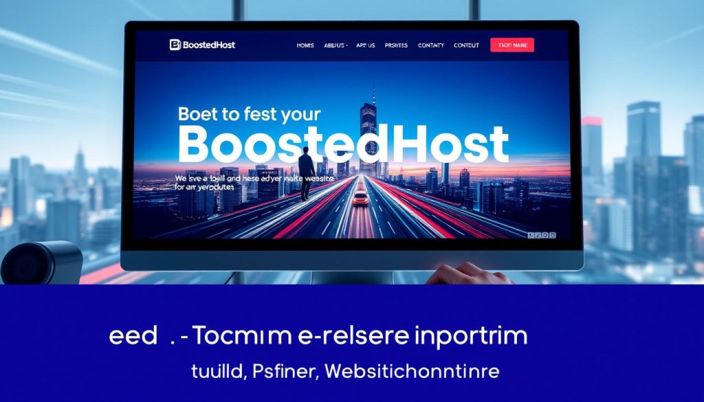 A sleek, modern website interface with bold typography and a vibrant color palette. In the foreground, an elegant desktop computer with a seamless, high-resolution display showcasing the BoostedHost brand. The middle ground features a developer typing rapidly on a keyboard, with a clean, minimalist workspace and a sense of focused productivity. The background depicts a futuristic cityscape, hinting at the speed and efficiency of the AI-powered website builder. The overall scene conveys a sense of effortless, lightning-fast website creation and deployment, aligning with the "Speed to launch: build, refine, and publish in minutes" section title.
