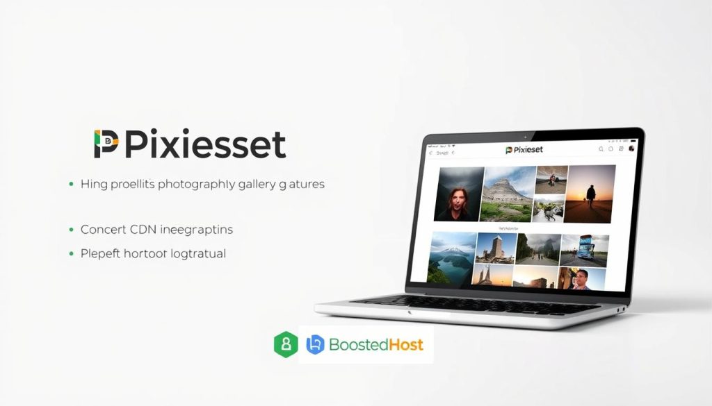 A sleek, modern website interface with the Pixieset logo prominently displayed. The design features a clean, minimalist layout with high-quality images showcasing Pixieset's photography gallery features. The background is a soft, neutral color, creating a professional and sophisticated atmosphere. In the foreground, a laptop screen displays the Pixieset website, with the BoostedHost logo subtly integrated into the design. The overall composition emphasizes Pixieset's user-friendly interface, global CDN capabilities, and secure hosting, aligning with the article's focus on the platform's benefits for photographers.