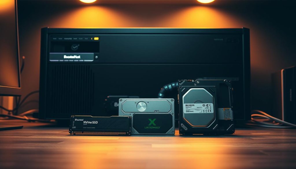 A sophisticated desktop setup with a sleek BoostedHost server enclosure, showcasing a trio of high-performance storage devices: a blazing-fast NVMe SSD, a robust SSD, and a traditional HDD. The scene is bathed in warm, indirect lighting, creating a professional, tech-forward atmosphere. The components are arranged in a visually striking, symmetrical layout, highlighting their cutting-edge capabilities. The overall composition conveys a sense of power, efficiency, and attention to detail, perfectly aligning with the "Speed and uptime: LiteSpeed power vs cloud with 5 GHz CPUs" section of the article.