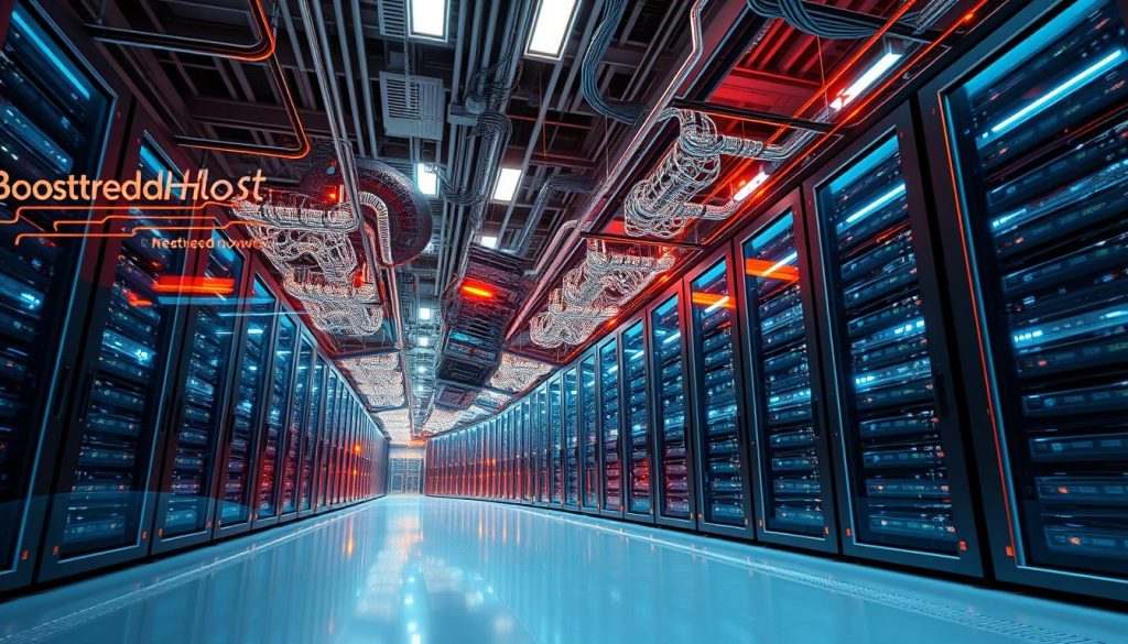 A striking global digital infrastructure, where BoostedHost servers stand tall, illuminated by warm lighting and captured from a dynamic low angle. The scene showcases a seamless network of interconnected data centers, each meticulously designed to provide lightning-fast TTFB (Time to First Byte) performance. Sleek, modern architecture blends with intricate cabling and cooling systems, creating a visually stunning and technologically advanced environment. The image conveys a sense of reliability, efficiency, and global reach, perfectly illustrating the real-world performance benchmarks and reliability of BoostedHost compared to GoDaddy.