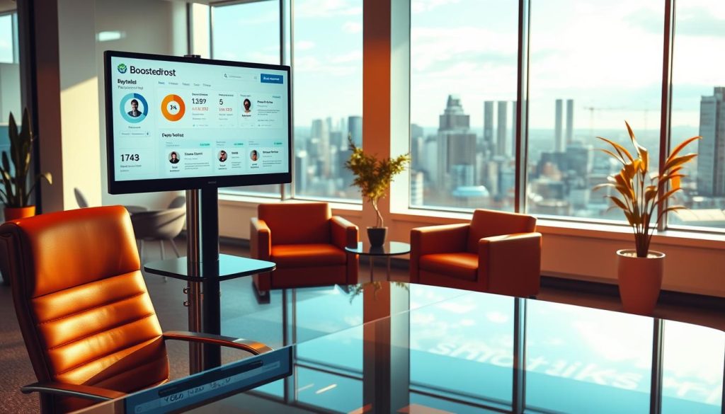 A vibrant and inviting office setting, bathed in warm lighting. In the foreground, a sleek glass-topped desk showcases detailed buyer profiles on a high-resolution monitor, with the BoostedHost logo prominently displayed. In the middle ground, comfortable leather chairs invite clients to review the information. The background features minimalist decor and large windows offering a scenic city view, creating a professional yet welcoming atmosphere. The scene conveys a sense of efficiency, attention to detail, and a commitment to providing a seamless hosting experience for diverse clientele.