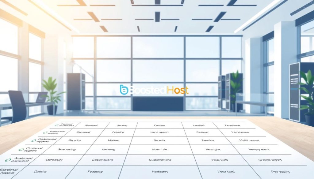 A vibrant, high-quality digital illustration of a comprehensive web hosting checklist, designed for U.S. site owners. The foreground features a clean, minimalist table or spreadsheet with clearly labeled rows and columns, showcasing essential hosting criteria such as server speed, uptime, security, and customer support. The middle ground depicts the BoostedHost logo prominently, conveying the brand's reliability and expertise. The background presents a sleek, modern office setting with floor-to-ceiling windows, allowing natural light to illuminate the scene and create a professional, authoritative atmosphere. The illustration should strike a balance between practical functionality and visual appeal, reflecting the thorough, yet concise nature of the "What this 2025 product review covers for U.S. site owners" section.