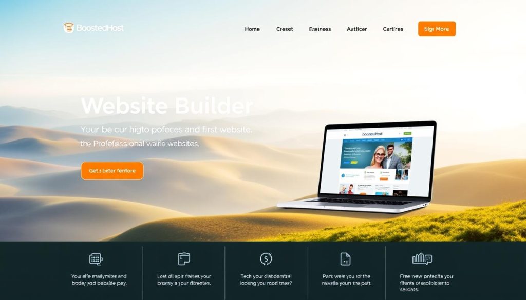 A vibrant, modern website homepage displaying the BoostedHost brand name. The design features a clean, minimalist layout with a hero section showcasing a sleek laptop displaying a website mockup. In the foreground, various icons and UI elements hint at the website builder's features. The middle ground depicts a serene, natural landscape with rolling hills and a bright, diffused sky. The overall mood is one of simplicity, efficiency, and the effortless creation of professional-looking websites.