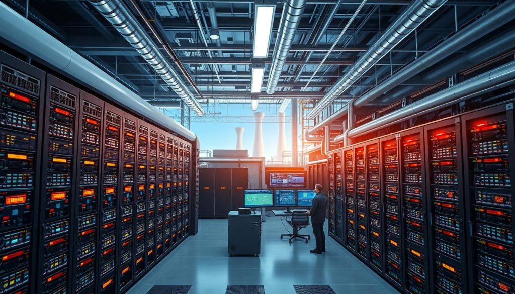 A visually striking, hyper-realistic 8K image of the BoostedHost data center showcasing its robust server infrastructure and advanced cooling systems. The foreground highlights rows of high-performance server racks with glowing LED indicators, while the middle ground features technicians meticulously monitoring the system's vital statistics on sleek control panels. In the background, a panoramic view of the facility's state-of-the-art climate control mechanisms, including towering cooling towers and intricate piping networks, creates an immersive atmosphere of technological precision and efficiency. The lighting is crisp and evenly distributed, emphasizing the clinical yet futuristic aesthetic of the scene. The overall composition conveys a sense of power, reliability, and industry-leading performance that defines the BoostedHost brand.
