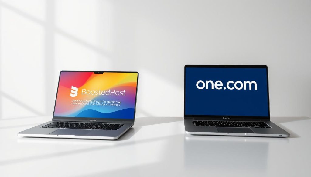 A visually striking side-by-side comparison of the hosting platforms BoostedHost and one.com, showcasing their key strengths and trade-offs. The scene depicts two sleek, modern laptops arranged on a minimalist, well-lit desk, with a clean, professional atmosphere. The BoostedHost laptop features bold, vibrant branding, while the one.com laptop has a more understated, elegant design. The overall composition balances technical details with an air of sophistication, inviting the viewer to explore the hosting services in depth. Soft, directional lighting accentuates the form and materials of the devices, creating a sense of depth and dimension. The resulting image should feel visually compelling, informative, and aligned with the article's subject and section title.