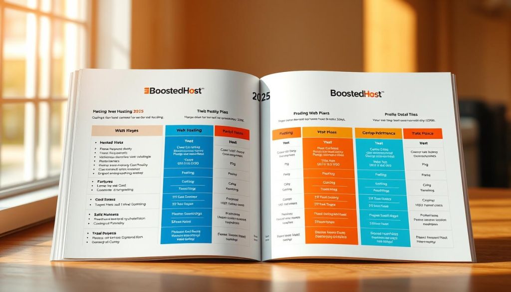 A visually stunning and informative spread showcasing the key details of leading web hosting plans in 2025. A clean, minimalist layout with a central focus on the BoostedHost branding and product offerings. Crisp, high-resolution graphics depict the hosting plans side-by-side, highlighting their features, pricing, and performance metrics in an easy-to-digest format. Warm, natural lighting casts a professional, authoritative tone, with a subtle depth of field drawing the viewer's attention. The overall composition conveys a sense of clarity, credibility, and consumer-friendly guidance for those comparing web hosting options.