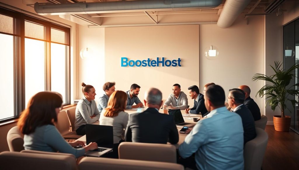 A warm, contemporary office setting with a diverse group of users gathered around a large conference table, engaged in a lively discussion. Muted natural light filters in through large windows, casting a soft glow on the scene. The BoostedHost logo prominently displayed on the wall behind the group, signifying their hosting services. The users are a mix of ages and ethnicities, dressed professionally, their body language indicating an atmosphere of collaboration and productivity. The room is tastefully decorated with modern furniture and minimalist decor, creating a welcoming and professional environment.