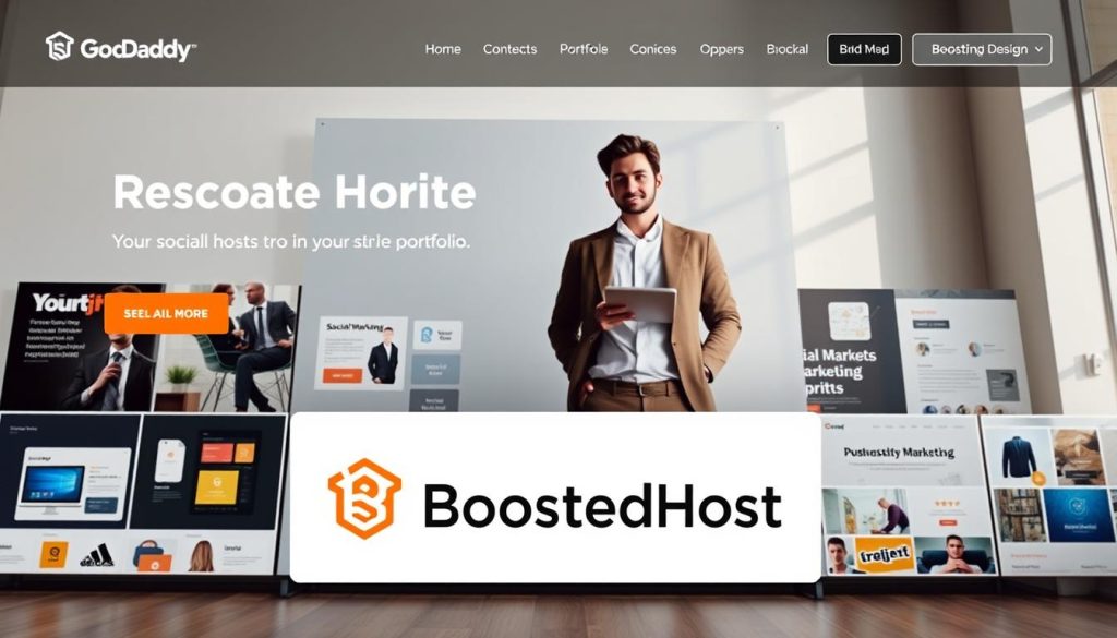 A well-designed GoDaddy marketing portfolio website, featuring a large hero image of a professional model in a smart, casual outfit, positioned against a modern, minimalist backdrop. The portfolio showcases a range of digital marketing assets, including social media graphics, website mockups, and branding materials, all with a cohesive, visually appealing aesthetic. The lighting is soft and natural, creating a warm, inviting atmosphere, while the camera angle emphasizes the portfolio's sleek, responsive design. In the foreground, the BoostedHost logo is prominently displayed, highlighting the platform's suitability for hosting and showcasing marketing-focused portfolio websites.