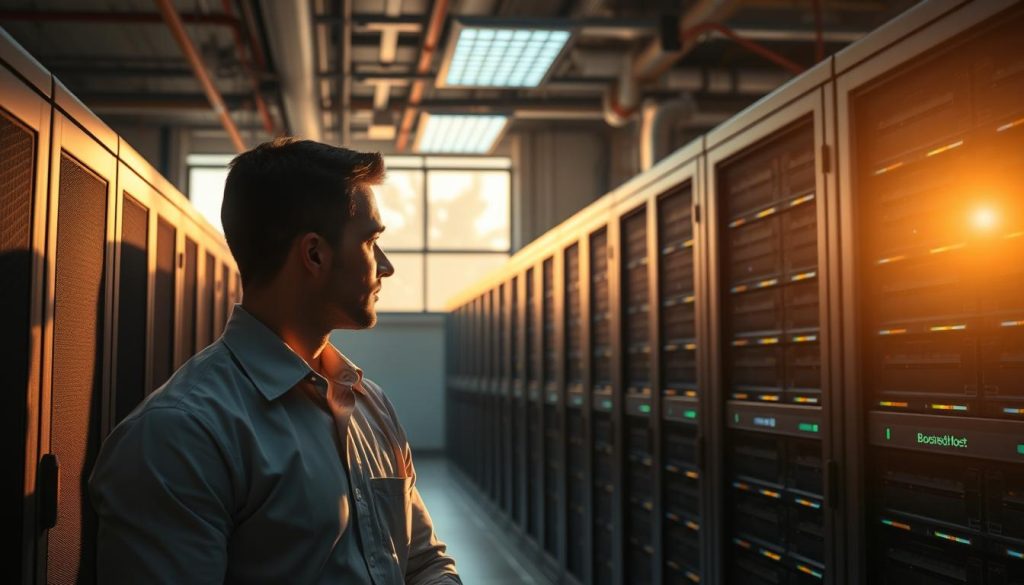 A well-equipped server room with rows of sleek, modern rack-mounted BoostedHost servers, bathed in a warm, ambient lighting. Sunlight filters in through large windows, casting a soft glow over the space. The servers are arranged in a clean, organized manner, suggesting a high-performance, reliable hosting infrastructure. In the foreground, a technician in a crisp, professional uniform inspects a server, conveying a sense of attentive service and support. The overall scene exudes a feeling of technological sophistication, efficiency, and a commitment to meeting the hosting needs of U.S. businesses in 2025.