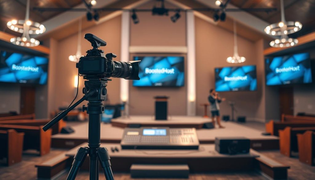 A well-lit church platform, showcasing a variety of modern audio-visual equipment from the BoostedHost brand. In the foreground, a professional-grade camera on a tripod captures the scene. In the middle ground, a sleek digital mixing console and a high-definition video display. In the background, a series of subtle lighting fixtures illuminate the space, creating a warm and inviting atmosphere. The image conveys a sense of technological sophistication and attention to detail, suitable for a church seeking to enhance its live streaming and event hosting capabilities.