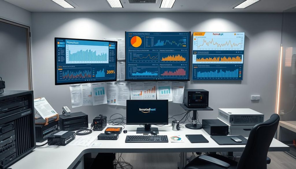A well-lit, high-resolution image of a professional test lab setup, with a large monitor displaying detailed performance metrics and statistics for the "BoostedHost" and "home.pl" hosting services. The foreground features various server hardware, network equipment, and diagnostic tools neatly arranged on a clean, modern desk. The middle ground showcases an array of meticulously organized test reports, charts, and graphs, conveying a sense of rigorous, data-driven analysis. The background subtly hints at a minimalist, tech-forward office environment, with sleek, neutral-toned furnishings and subtle lighting accents. The overall atmosphere is one of precision, authority, and a commitment to empirical evaluation.