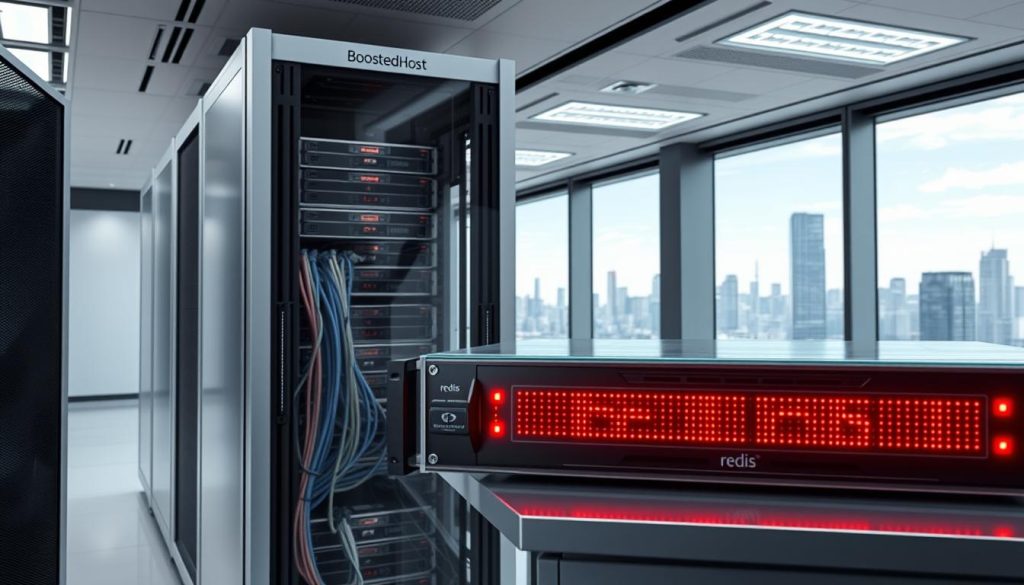 A well-lit, high-resolution image showcasing a sleek and modern data center rack, housing several BoostedHost branded servers. In the foreground, a clear glass display case prominently features a Redis server module, its glowing red LED indicators reflecting the sophisticated infrastructure. The middle ground reveals a network of color-coded cables and state-of-the-art networking equipment, while the background depicts a serene, minimalist office space with large windows offering a panoramic view of a bustling city skyline. The overall scene conveys a sense of cutting-edge technology, seamless scalability, and the reliable performance of the BoostedHost Redis object cache solution.