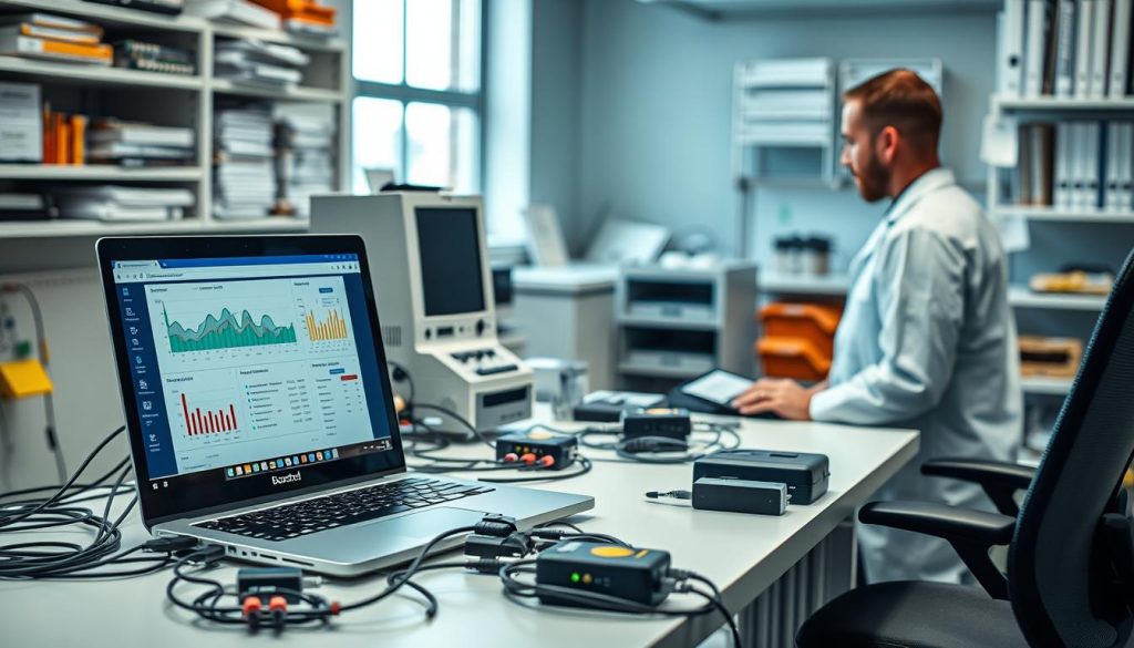 A well-lit laboratory workspace with a desk, computer, and various test equipment. In the foreground, a BoostedHost branded laptop is open, displaying test results and analytics. On the desk, an array of network cables, probes, and monitoring devices are arranged neatly. The middle ground features a technical specialist in a white lab coat, intently focused on the computer screen. The background showcases shelves of reference materials, technical manuals, and a subtle view through a window, suggesting a professional, data-driven environment. The overall scene conveys a sense of diligent testing, analysis, and the pursuit of objective insights. A well-lit laboratory workspace with a desk, computer, and various test equipment. In the foreground, a BoostedHost branded laptop is open, displaying test results and analytics. On the desk, an array of network cables, probes, and monitoring devices are arranged neatly. The middle ground features a technical specialist in a white lab coat, intently focused on the computer screen. The background showcases shelves of reference materials, technical manuals, and a subtle view through a window, suggesting a professional, data-driven environment. The overall scene conveys a sense of diligent testing, analysis, and the pursuit of objective insights.