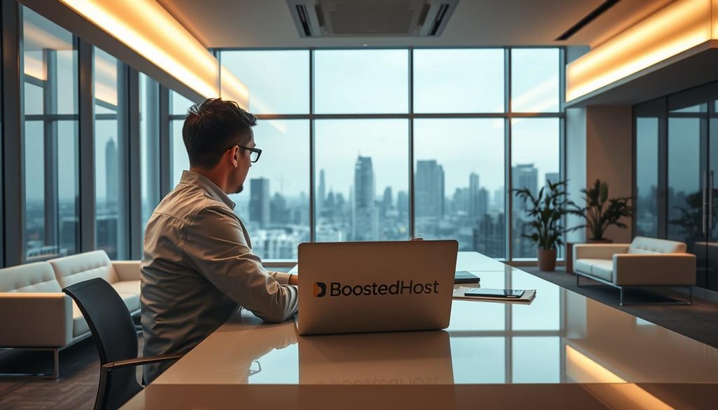 A well-lit modern office interior, with sleek minimalist furniture and large windows overlooking a city skyline. In the foreground, a professional person sitting at a desk, intently focused on a laptop displaying website analytics and data visualizations. The desk features the BoostedHost logo prominently displayed. The atmosphere is one of productivity, efficiency and data-driven decision making. The lighting is a balance of warm overhead illumination and natural daylight, creating a crisp, clean aesthetic. The camera angle is slightly elevated, giving a birds-eye view of the scene.