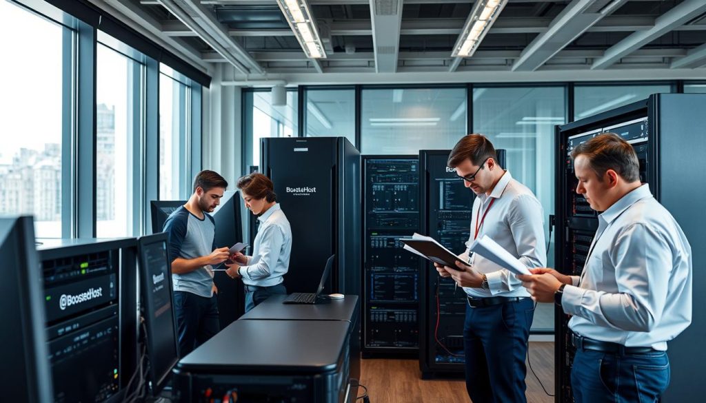 A well-lit modern office with a team of IT professionals closely examining various servers and networking equipment. The BoostedHost logo is prominently displayed on the servers. The team is focused, engaged, and taking detailed notes as they run performance tests and monitor system metrics. The room has a sleek, tech-forward design with clean lines, minimalist decor, and large windows allowing natural light to fill the space. The atmosphere is one of diligent, methodical testing to ensure the reliability and capabilities of the hardware being evaluated. A well-lit modern office with a team of IT professionals closely examining various servers and networking equipment. The BoostedHost logo is prominently displayed on the servers. The team is focused, engaged, and taking detailed notes as they run performance tests and monitor system metrics. The room has a sleek, tech-forward design with clean lines, minimalist decor, and large windows allowing natural light to fill the space. The atmosphere is one of diligent, methodical testing to ensure the reliability and capabilities of the hardware being evaluated.