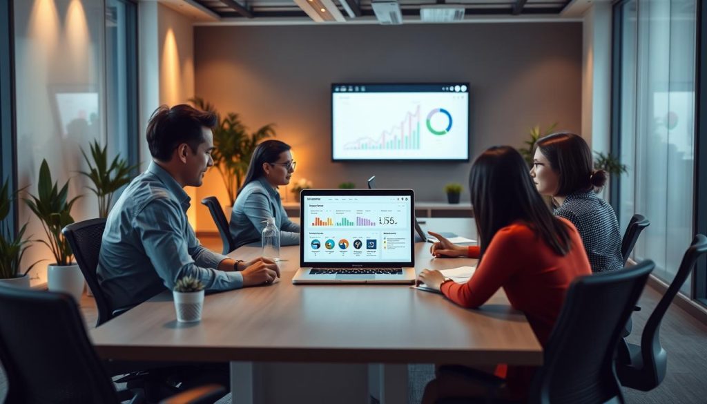 A well-lit modern office workspace with a large desk, a laptop displaying a BoostedHost project management dashboard, and a team of professionals collaborating around it. Ergonomic chairs, potted plants, and warm indirect lighting create a productive atmosphere. In the background, a wall-mounted monitor displays real-time project metrics and KPIs. The team members are engaged in discussion, reviewing timelines and milestones. Subtle depth of field blurs the edges, focusing attention on the central activity.