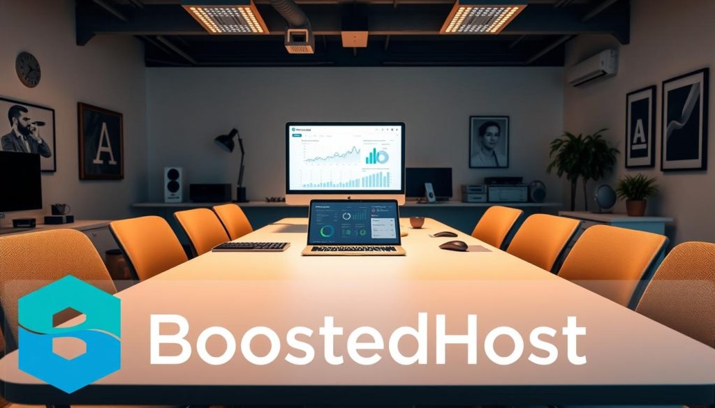 A well-lit professional office space, with a large table at the center. On the table, a laptop displaying detailed performance metrics, surrounded by various office equipment like monitors, a keyboard, and a mouse. The lighting is warm and inviting, creating a productive atmosphere. In the foreground, a BoostedHost logo prominently displayed, reflecting the company's role in the hosting comparison. The background features a clean, modern design, with minimalist decor and wall art, conveying a sense of professionalism and attention to detail.