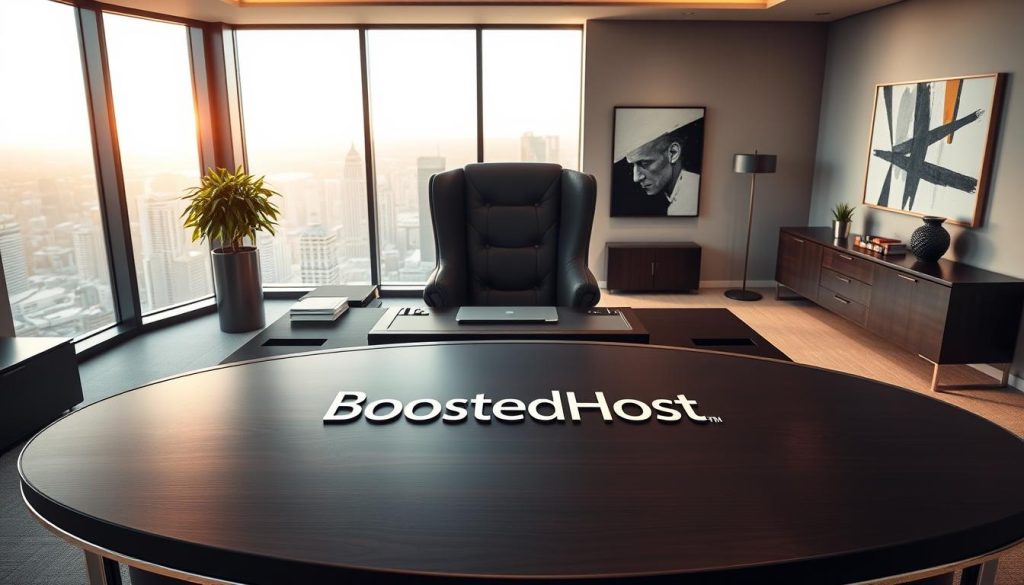 An executive office setting with a modern, sleek design aesthetic. In the foreground, a large, curved desk with a prominent "BoostedHost" logo emblazoned on the front. The desk is made of dark, polished wood and metal, exuding a sense of sophistication and professionalism. Behind the desk, a high-backed leather chair is positioned, ready for a confident business leader. The middle ground features a floor-to-ceiling window overlooking a bustling cityscape, bathing the room in warm, natural light. The background showcases stylish, minimalist decor, including abstract art pieces and subtle lighting fixtures, creating an atmosphere of productivity and authority. The overall impression is one of a reputable, high-performing hosting provider ready to serve the needs of a discerning clientele.
