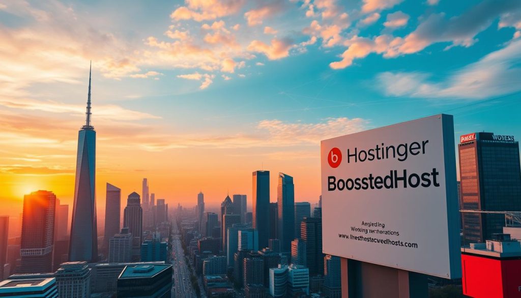 An expansive cityscape, with towering skyscrapers and bustling streets, set against a vibrant, sunset-hued sky. In the foreground, a prominent sign for "BoostedHost" stands tall, its sleek, modern design commanding attention. The middle ground features a diverse array of businesses, each representing a different use case for web hosting - from e-commerce platforms to media streaming services. In the background, a network of interconnected data centers and cloud infrastructure, symbolizing the advanced hosting technologies of the future. The scene conveys a sense of progress, innovation, and the ever-evolving landscape of web hosting alternatives as Hostinger's dominance wanes in 2025.